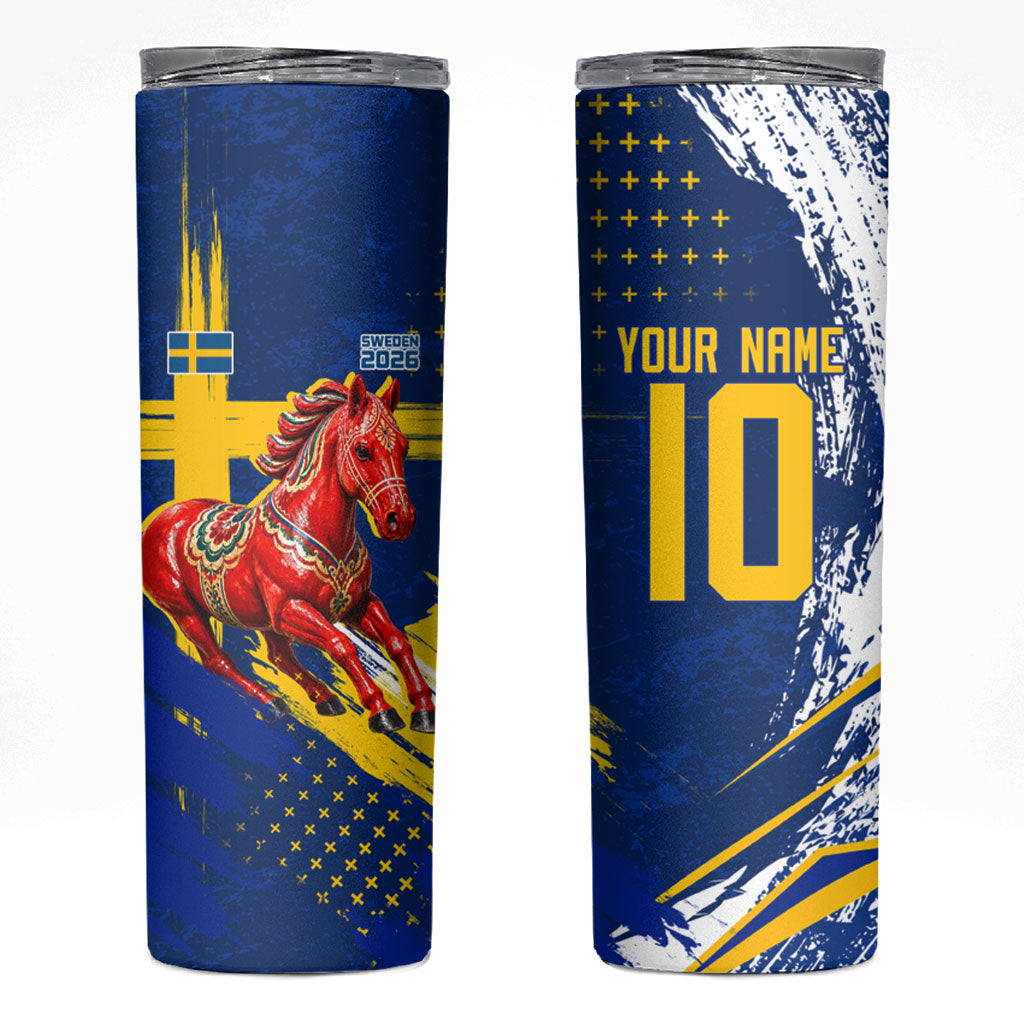 Personalized Sweden Dala Horse Soccer 2026 Skinny Tumbler Grunge Swedish Flag Brush Strokes