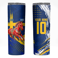 Personalized Sweden Dala Horse Soccer 2026 Skinny Tumbler Grunge Swedish Flag Brush Strokes