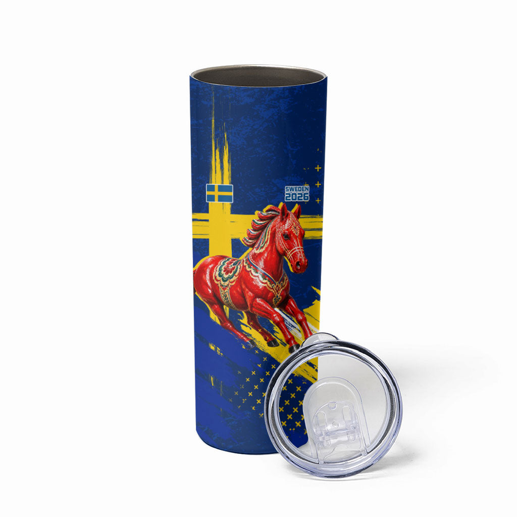 Personalized Sweden Dala Horse Soccer 2026 Skinny Tumbler Grunge Swedish Flag Brush Strokes