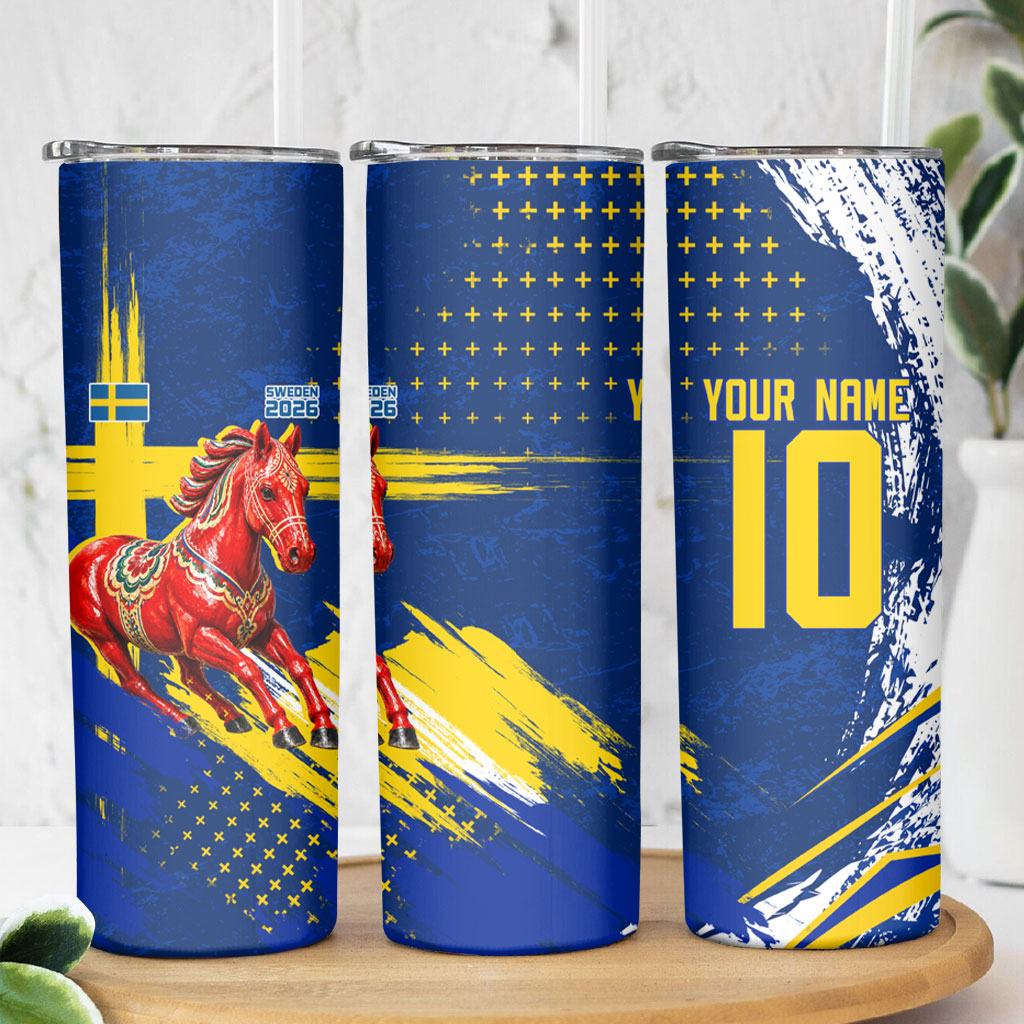 Personalized Sweden Dala Horse Soccer 2026 Skinny Tumbler Grunge Swedish Flag Brush Strokes
