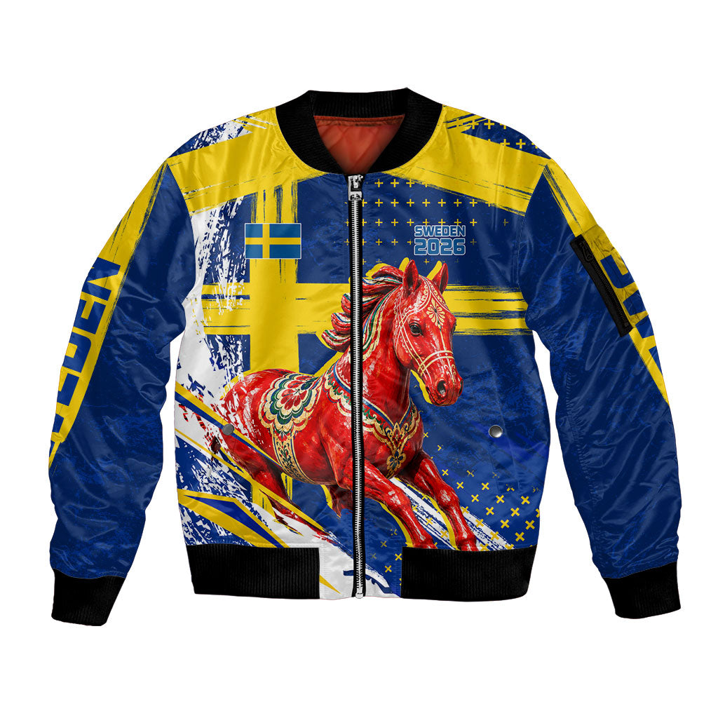 Personalized Sweden Dala Horse Soccer 2026 Sleeve Zip Bomber Jacket Grunge Swedish Flag Brush Strokes