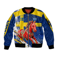 Personalized Sweden Dala Horse Soccer 2026 Sleeve Zip Bomber Jacket Grunge Swedish Flag Brush Strokes