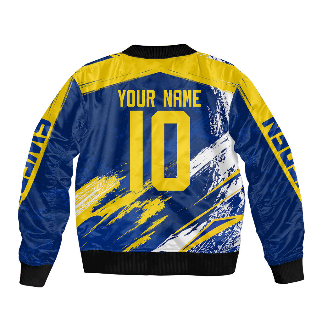 Personalized Sweden Dala Horse Soccer 2026 Sleeve Zip Bomber Jacket Grunge Swedish Flag Brush Strokes