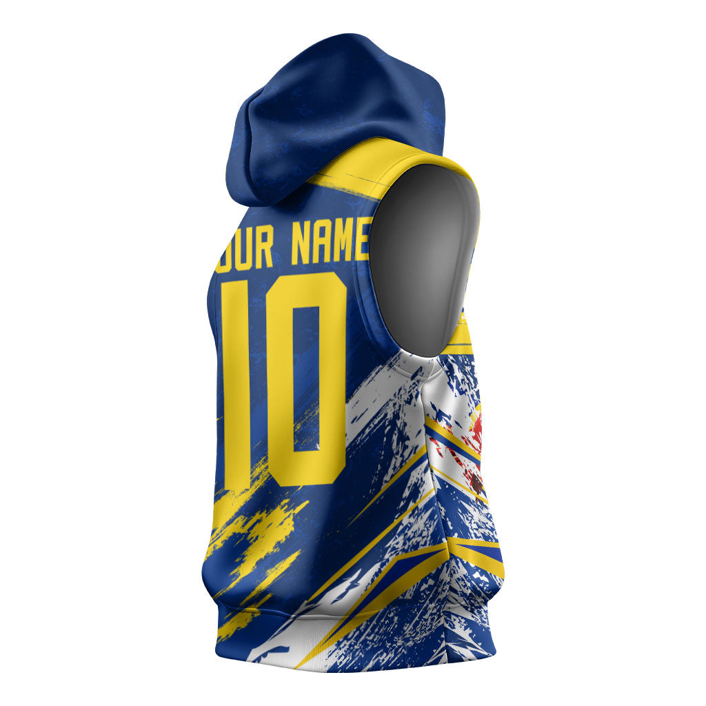 Personalized Sweden Dala Horse Soccer 2026 Sleeveless Hoodie Grunge Swedish Flag Brush Strokes