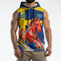 Personalized Sweden Dala Horse Soccer 2026 Sleeveless Hoodie Grunge Swedish Flag Brush Strokes