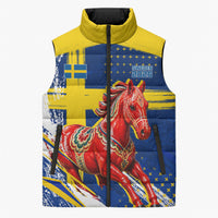 Personalized Sweden Dala Horse Soccer 2026 Sleeveless Puffer Jacket Grunge Swedish Flag Brush Strokes