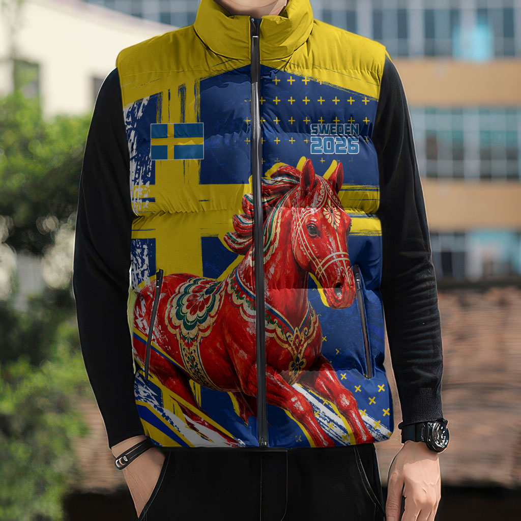Personalized Sweden Dala Horse Soccer 2026 Sleeveless Puffer Jacket Grunge Swedish Flag Brush Strokes