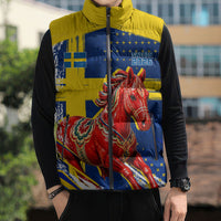 Personalized Sweden Dala Horse Soccer 2026 Sleeveless Puffer Jacket Grunge Swedish Flag Brush Strokes