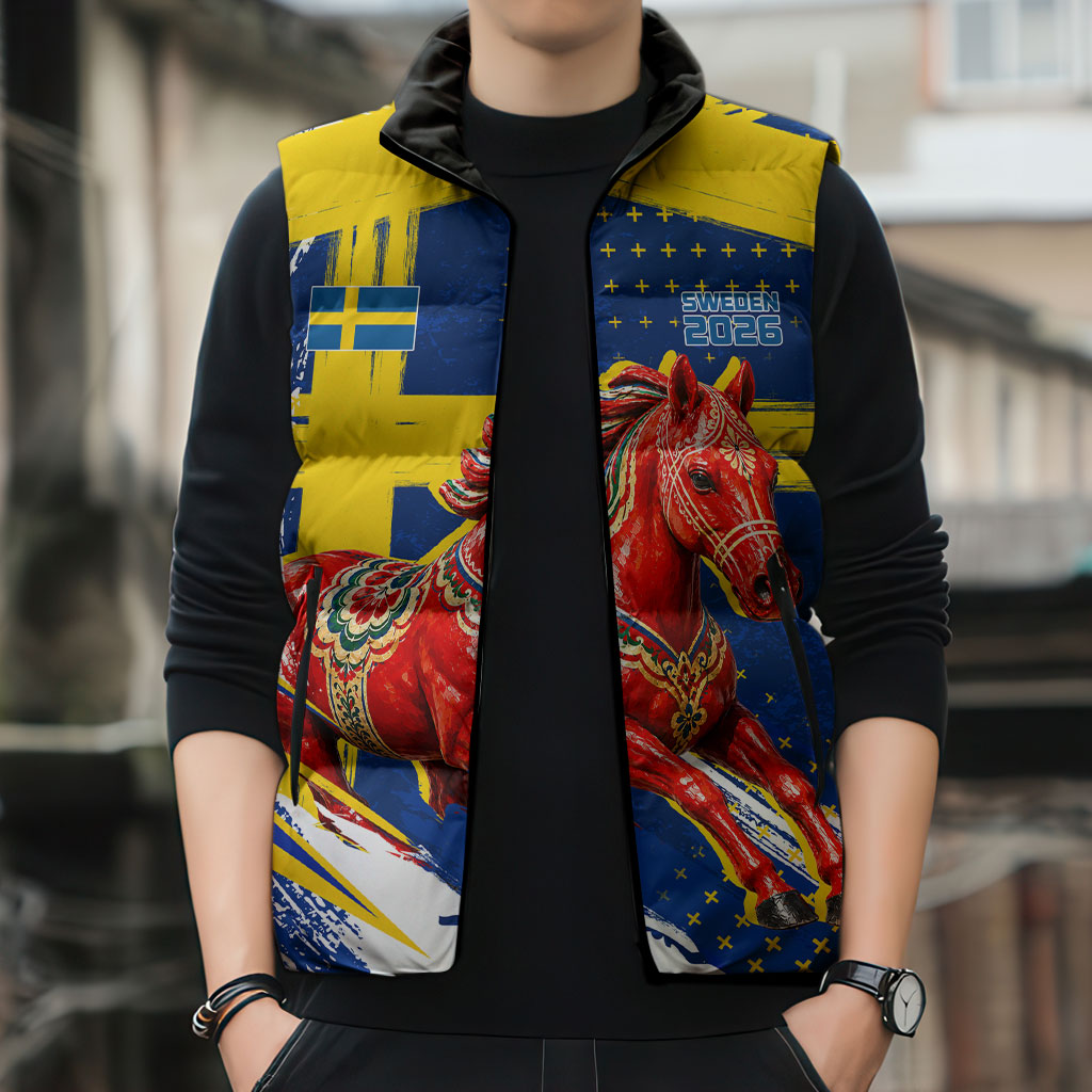 Personalized Sweden Dala Horse Soccer 2026 Sleeveless Puffer Jacket Grunge Swedish Flag Brush Strokes