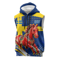 Personalized Sweden Dala Horse Soccer 2026 Sleeveless Zip Hoodie Grunge Swedish Flag Brush Strokes