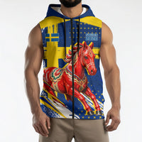 Personalized Sweden Dala Horse Soccer 2026 Sleeveless Zip Hoodie Grunge Swedish Flag Brush Strokes