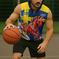 Personalized Sweden Dala Horse Soccer 2026 Sleeveless Zip Hoodie Grunge Swedish Flag Brush Strokes