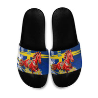 Personalized Sweden Dala Horse Soccer 2026 Slide Sandals Grunge Swedish Flag Brush Strokes