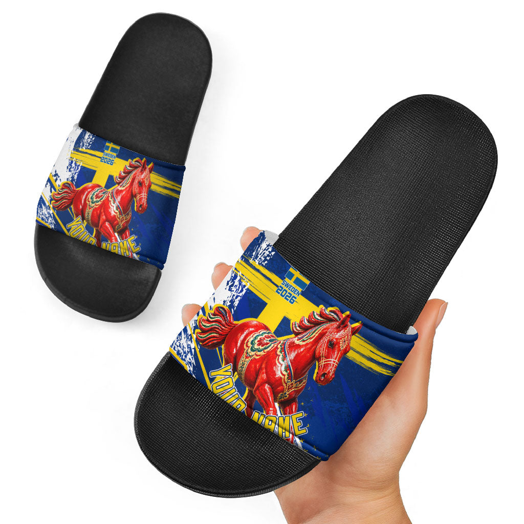 Personalized Sweden Dala Horse Soccer 2026 Slide Sandals Grunge Swedish Flag Brush Strokes