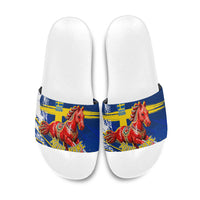 Personalized Sweden Dala Horse Soccer 2026 Slide Sandals Grunge Swedish Flag Brush Strokes