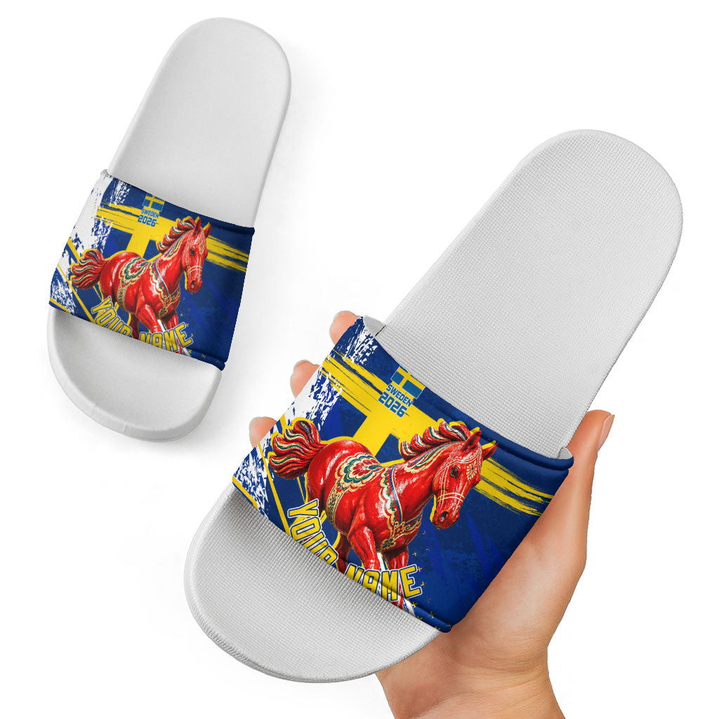 Personalized Sweden Dala Horse Soccer 2026 Slide Sandals Grunge Swedish Flag Brush Strokes