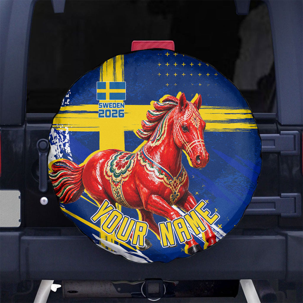 Personalized Sweden Dala Horse Soccer 2026 Spare Tire Cover Grunge Swedish Flag Brush Strokes