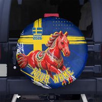 Personalized Sweden Dala Horse Soccer 2026 Spare Tire Cover Grunge Swedish Flag Brush Strokes