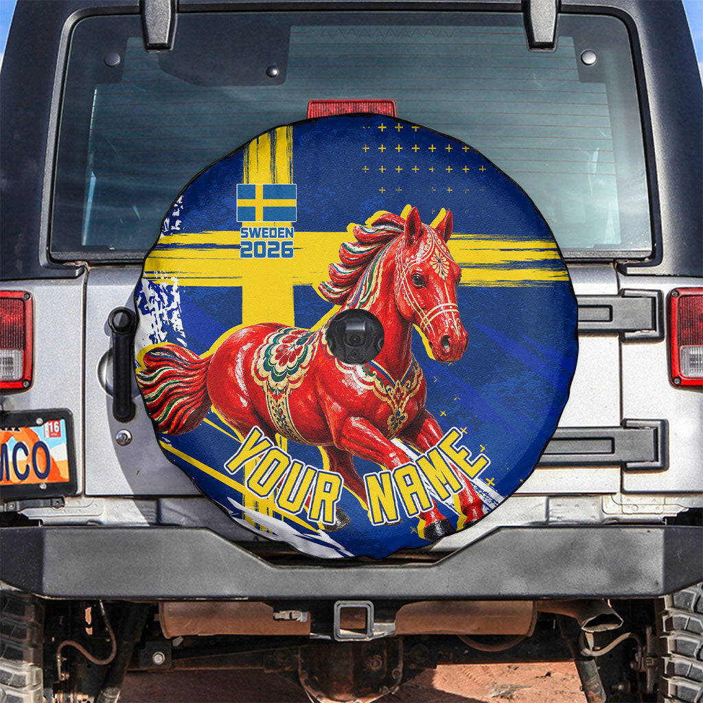 Personalized Sweden Dala Horse Soccer 2026 Spare Tire Cover Grunge Swedish Flag Brush Strokes