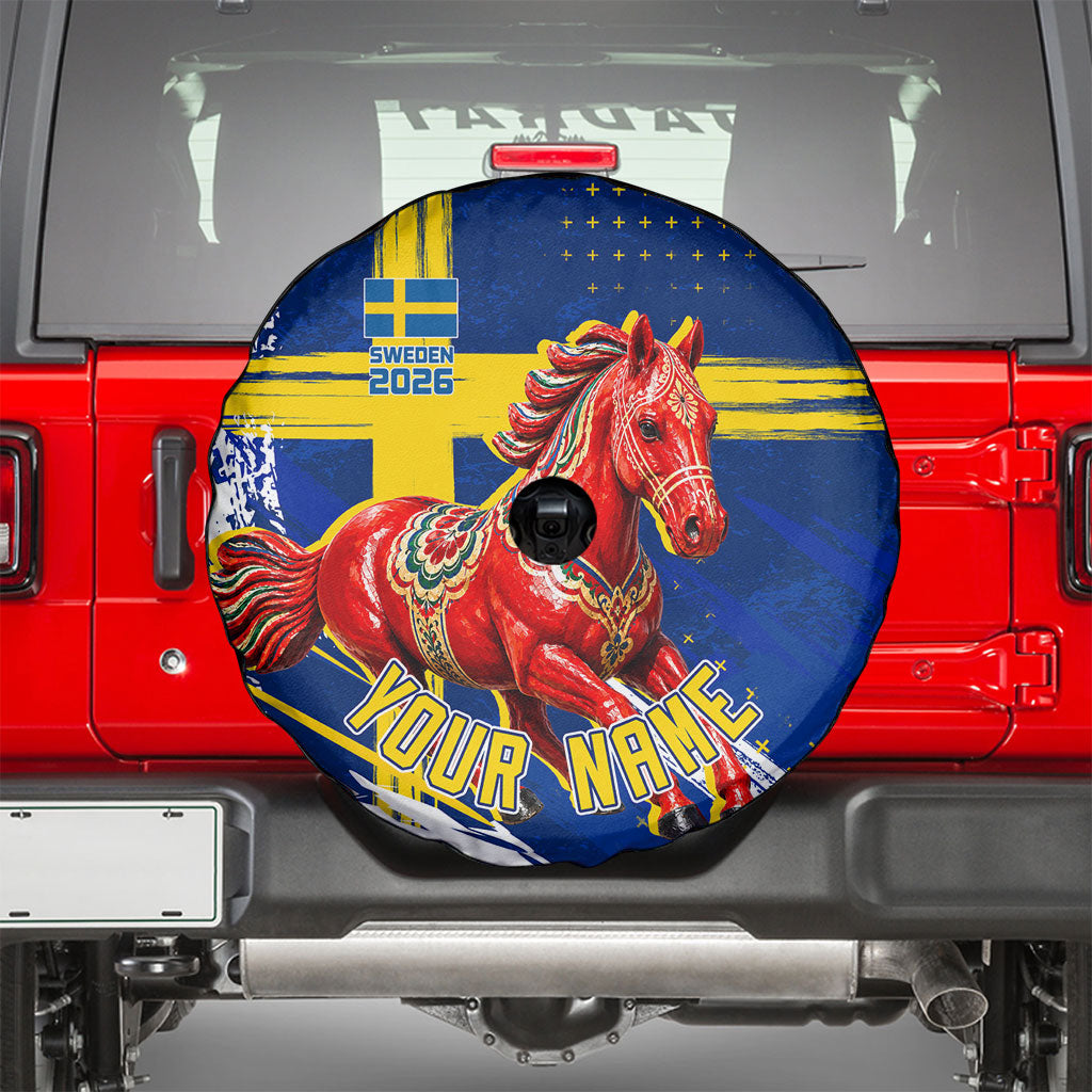 Personalized Sweden Dala Horse Soccer 2026 Spare Tire Cover Grunge Swedish Flag Brush Strokes