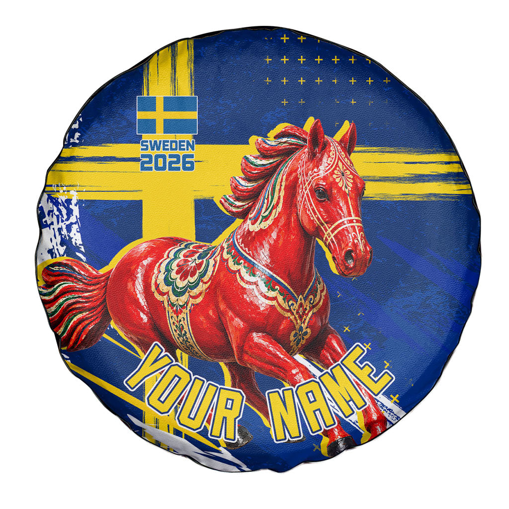 Personalized Sweden Dala Horse Soccer 2026 Spare Tire Cover Grunge Swedish Flag Brush Strokes