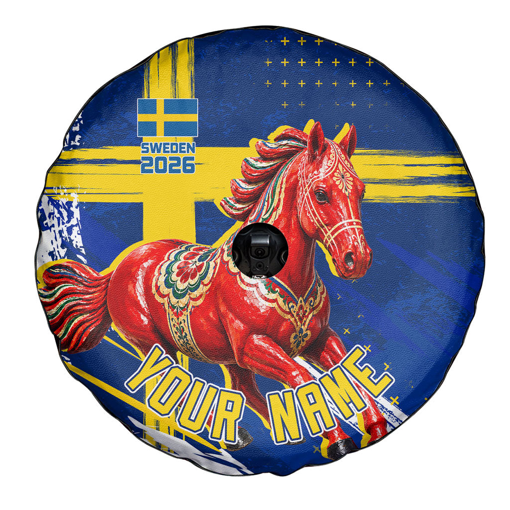 Personalized Sweden Dala Horse Soccer 2026 Spare Tire Cover Grunge Swedish Flag Brush Strokes