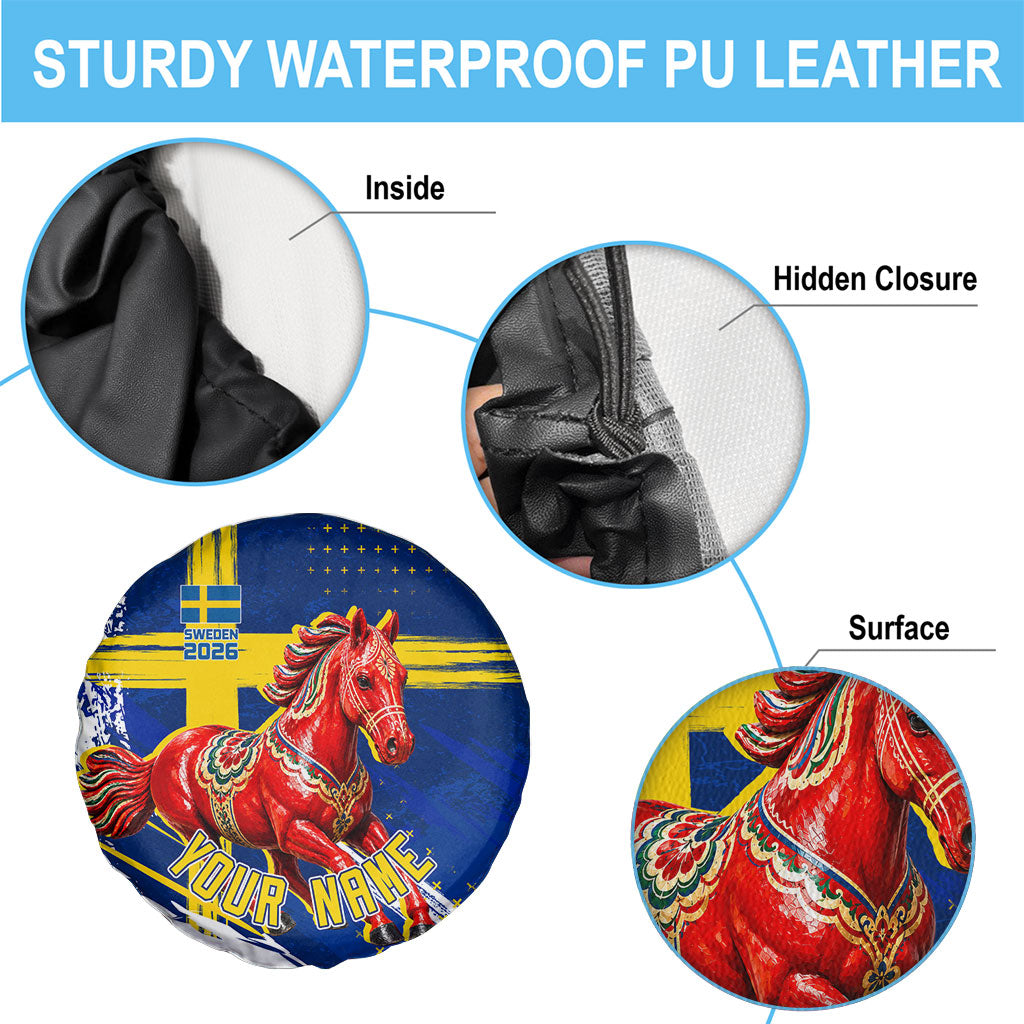 Personalized Sweden Dala Horse Soccer 2026 Spare Tire Cover Grunge Swedish Flag Brush Strokes