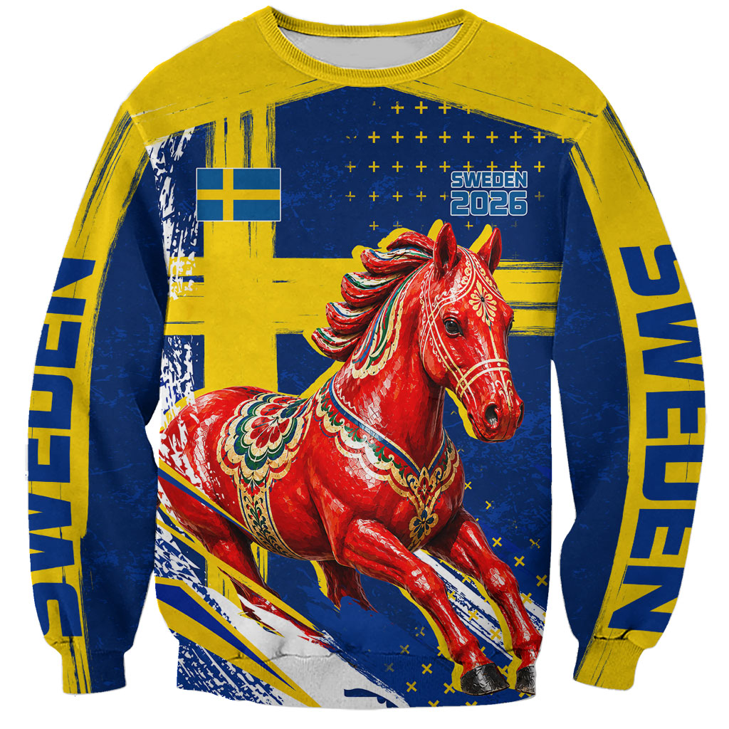 Personalized Sweden Dala Horse Soccer 2026 Sweatshirt Grunge Swedish Flag Brush Strokes