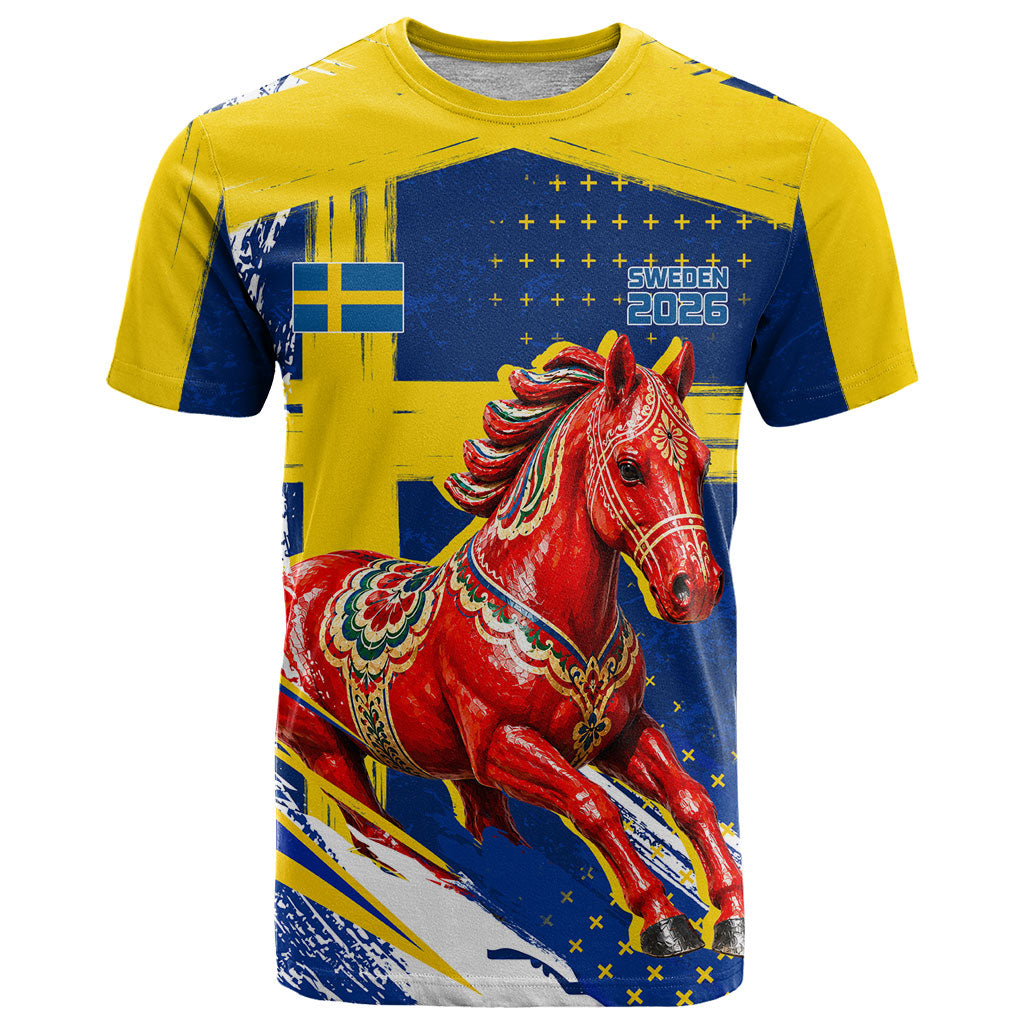 Personalized Sweden Dala Horse Soccer 2026 T Shirt Grunge Swedish Flag Brush Strokes