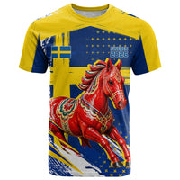 Personalized Sweden Dala Horse Soccer 2026 T Shirt Grunge Swedish Flag Brush Strokes