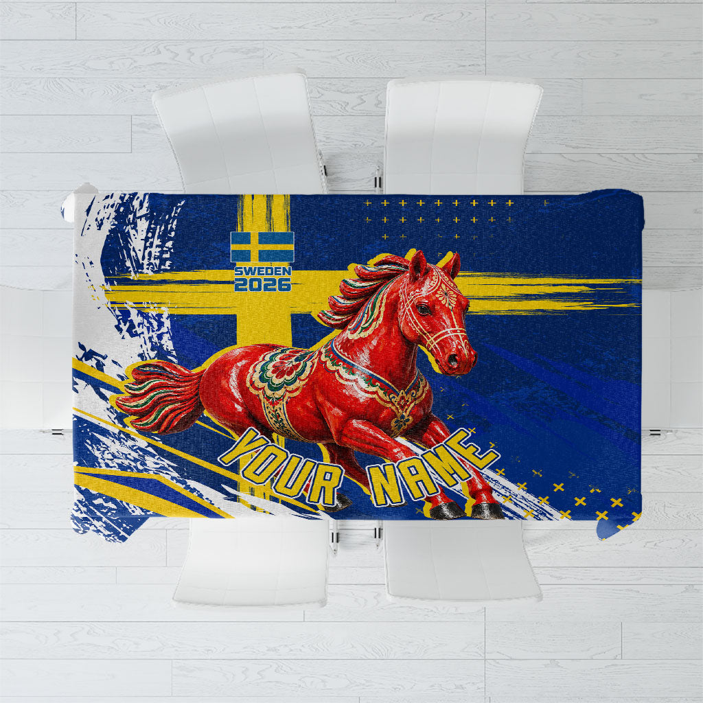 Personalized Sweden Dala Horse Soccer 2026 Tablecloth Grunge Swedish Flag Brush Strokes