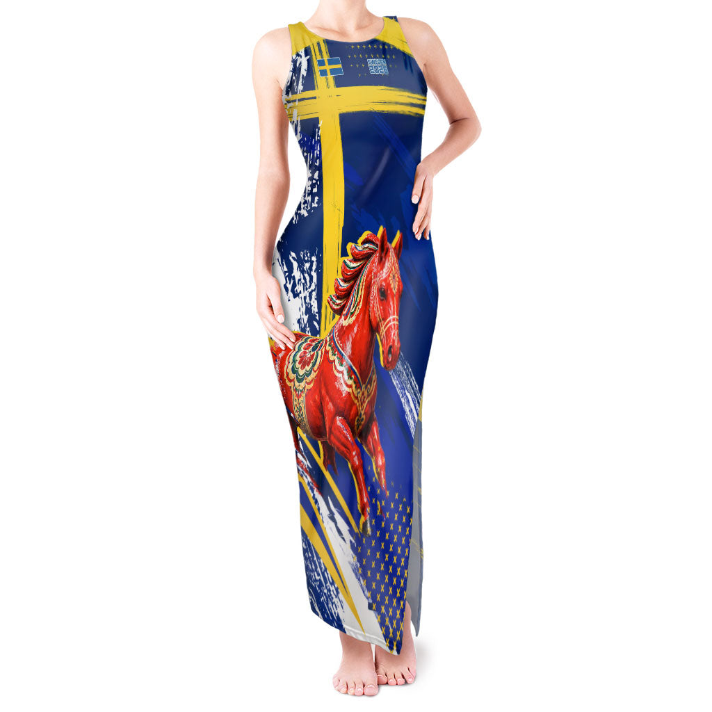 Personalized Sweden Dala Horse Soccer 2026 Tank Maxi Dress Grunge Swedish Flag Brush Strokes