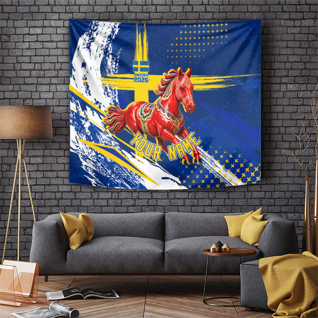 Personalized Sweden Dala Horse Soccer 2026 Tapestry Grunge Swedish Flag Brush Strokes