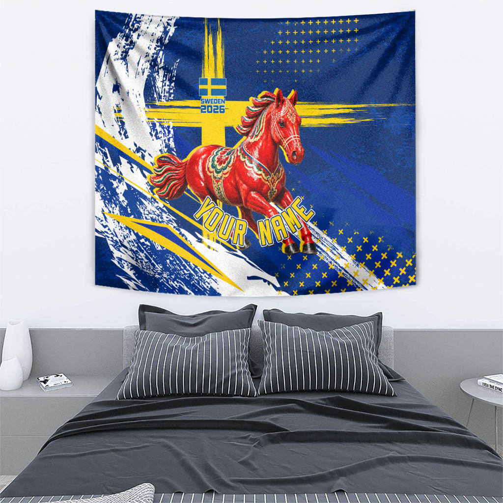 Personalized Sweden Dala Horse Soccer 2026 Tapestry Grunge Swedish Flag Brush Strokes