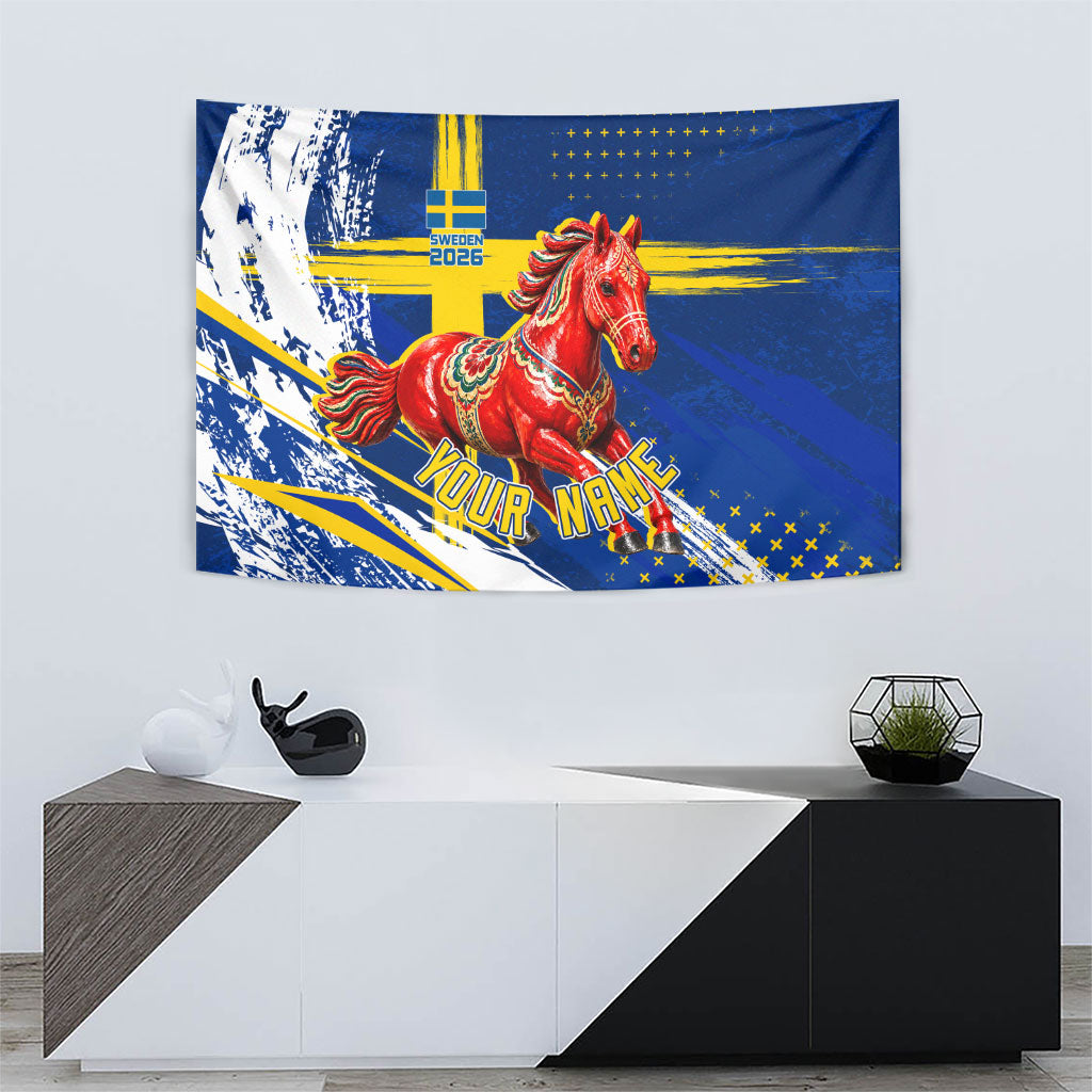 Personalized Sweden Dala Horse Soccer 2026 Tapestry Grunge Swedish Flag Brush Strokes