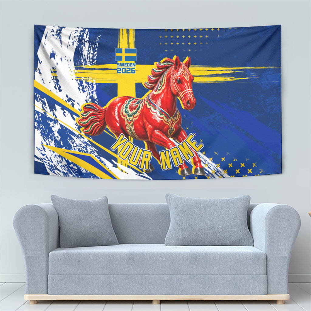Personalized Sweden Dala Horse Soccer 2026 Tapestry Grunge Swedish Flag Brush Strokes