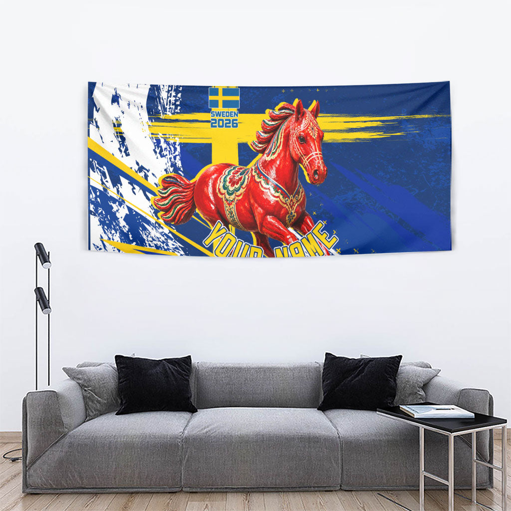 Personalized Sweden Dala Horse Soccer 2026 Tapestry Grunge Swedish Flag Brush Strokes