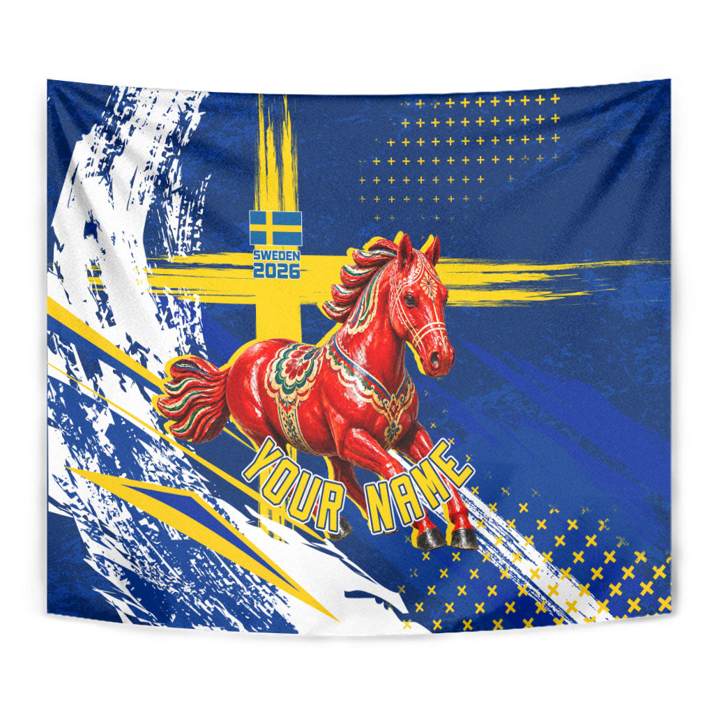 Personalized Sweden Dala Horse Soccer 2026 Tapestry Grunge Swedish Flag Brush Strokes