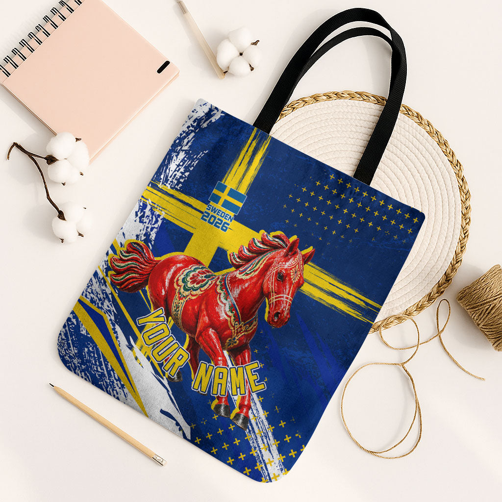 Personalized Sweden Dala Horse Soccer 2026 Tote Bag Grunge Swedish Flag Brush Strokes