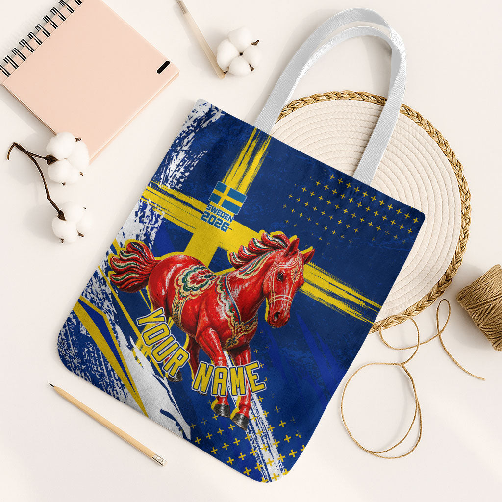 Personalized Sweden Dala Horse Soccer 2026 Tote Bag Grunge Swedish Flag Brush Strokes
