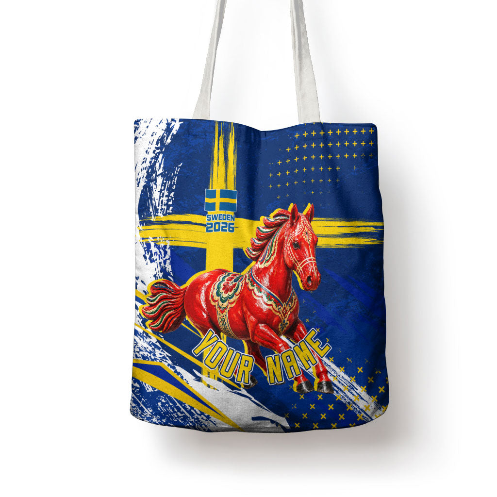 Personalized Sweden Dala Horse Soccer 2026 Tote Bag Grunge Swedish Flag Brush Strokes
