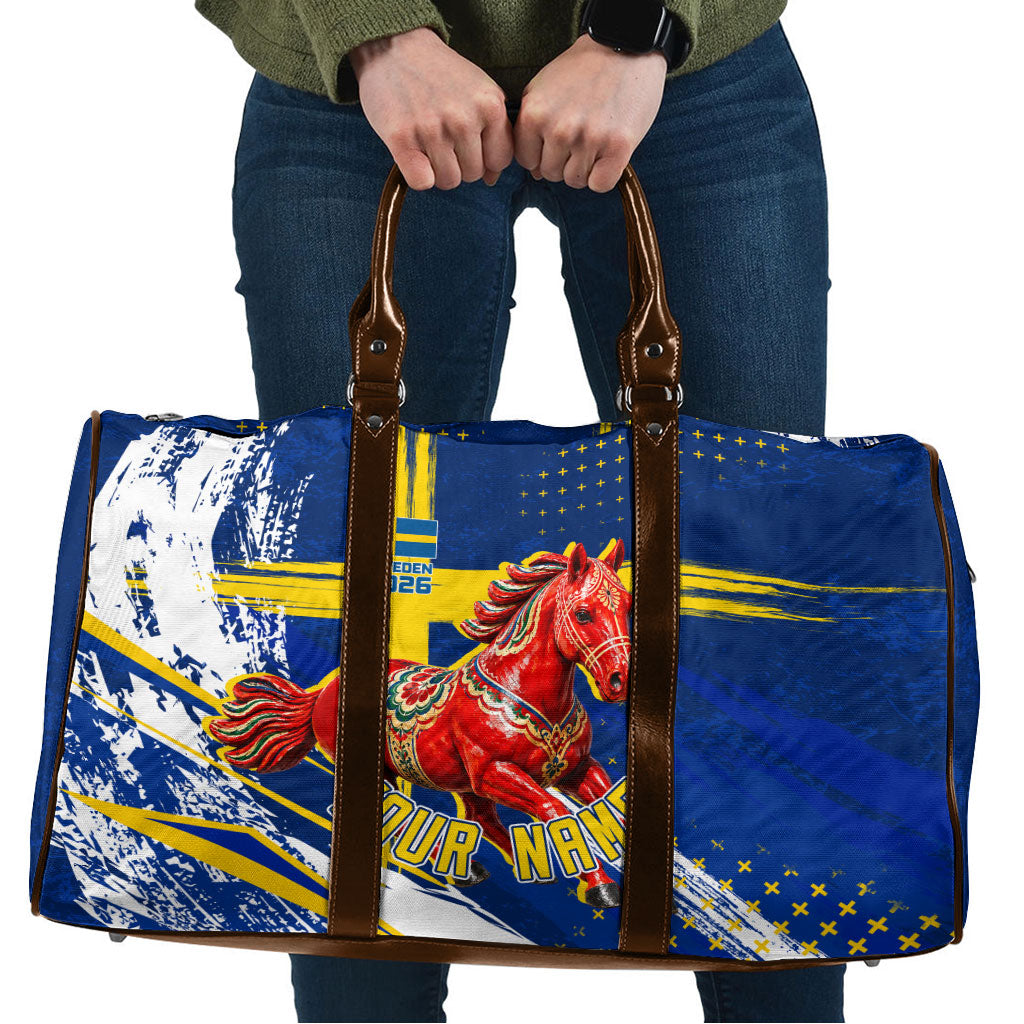 Personalized Sweden Dala Horse Soccer 2026 Travel Bag Grunge Swedish Flag Brush Strokes