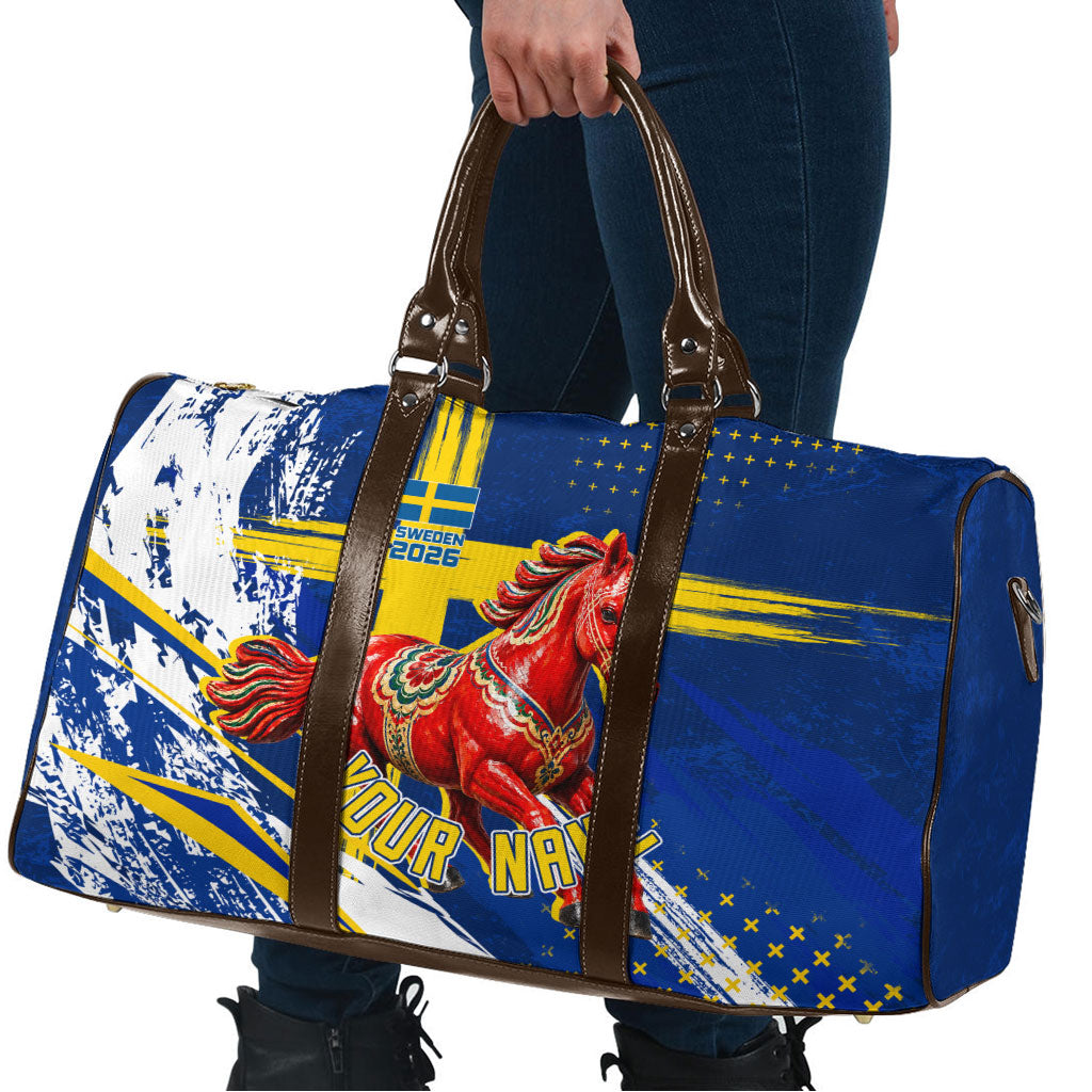 Personalized Sweden Dala Horse Soccer 2026 Travel Bag Grunge Swedish Flag Brush Strokes