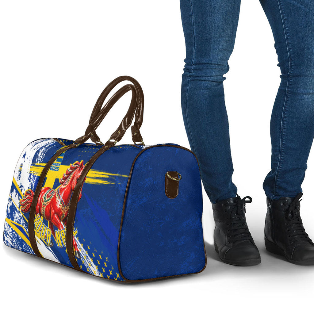 Personalized Sweden Dala Horse Soccer 2026 Travel Bag Grunge Swedish Flag Brush Strokes
