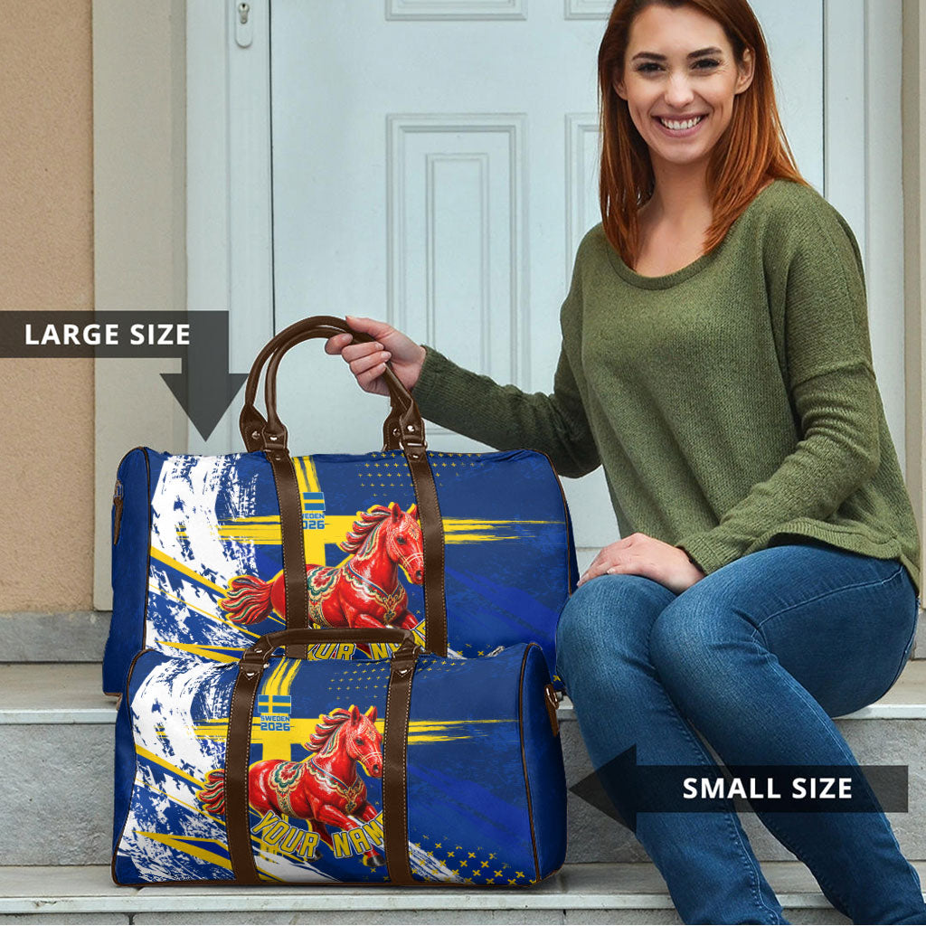 Personalized Sweden Dala Horse Soccer 2026 Travel Bag Grunge Swedish Flag Brush Strokes