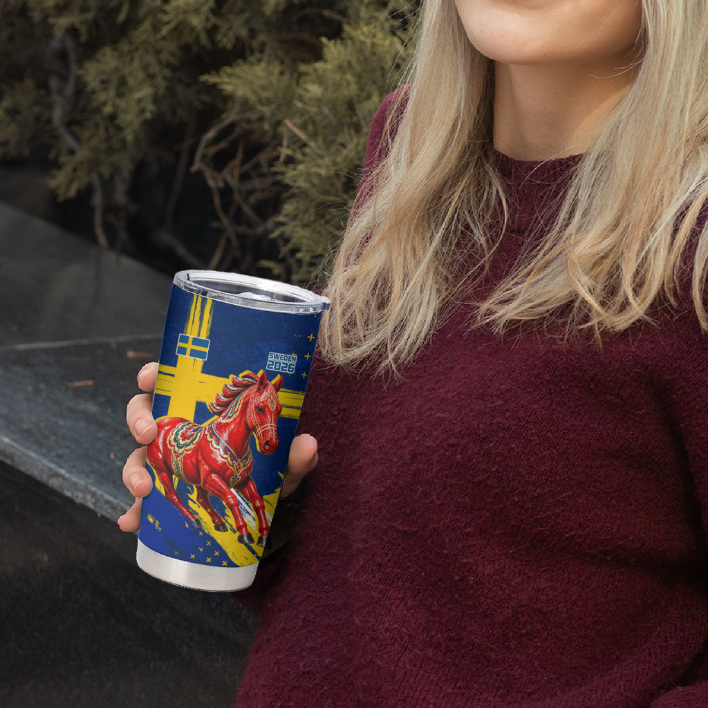 Personalized Sweden Dala Horse Soccer 2026 Tumbler Cup Grunge Swedish Flag Brush Strokes