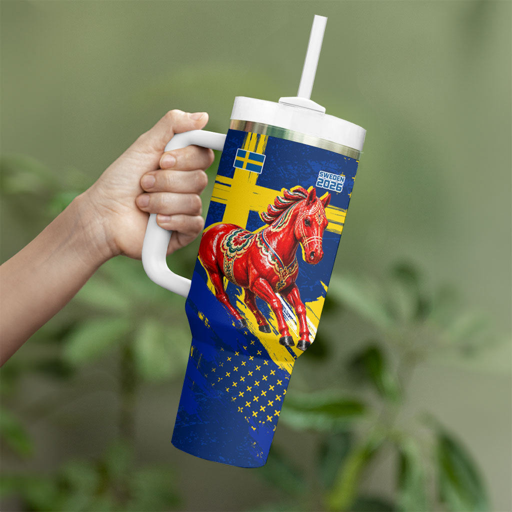 Personalized Sweden Dala Horse Soccer 2026 Tumbler With Handle Grunge Swedish Flag Brush Strokes