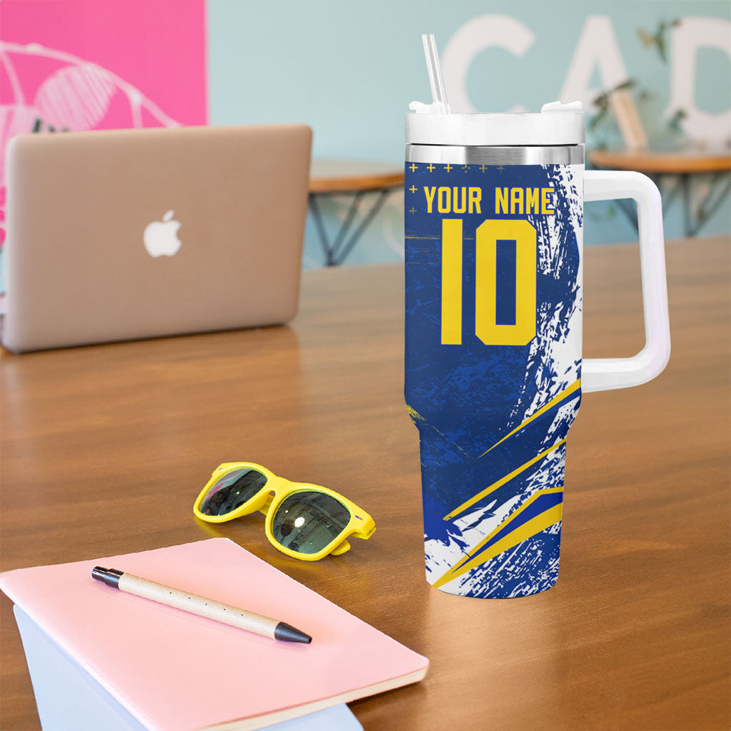 Personalized Sweden Dala Horse Soccer 2026 Tumbler With Handle Grunge Swedish Flag Brush Strokes