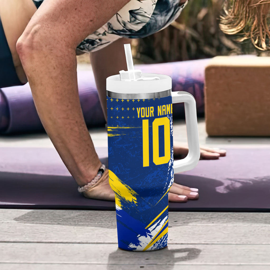 Personalized Sweden Dala Horse Soccer 2026 Tumbler With Handle Grunge Swedish Flag Brush Strokes