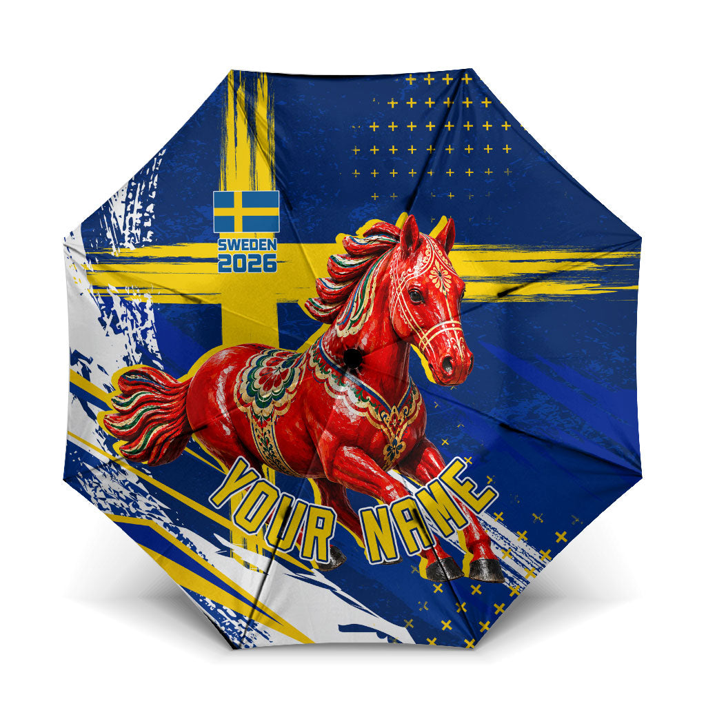 Personalized Sweden Dala Horse Soccer 2026 Umbrella Grunge Swedish Flag Brush Strokes